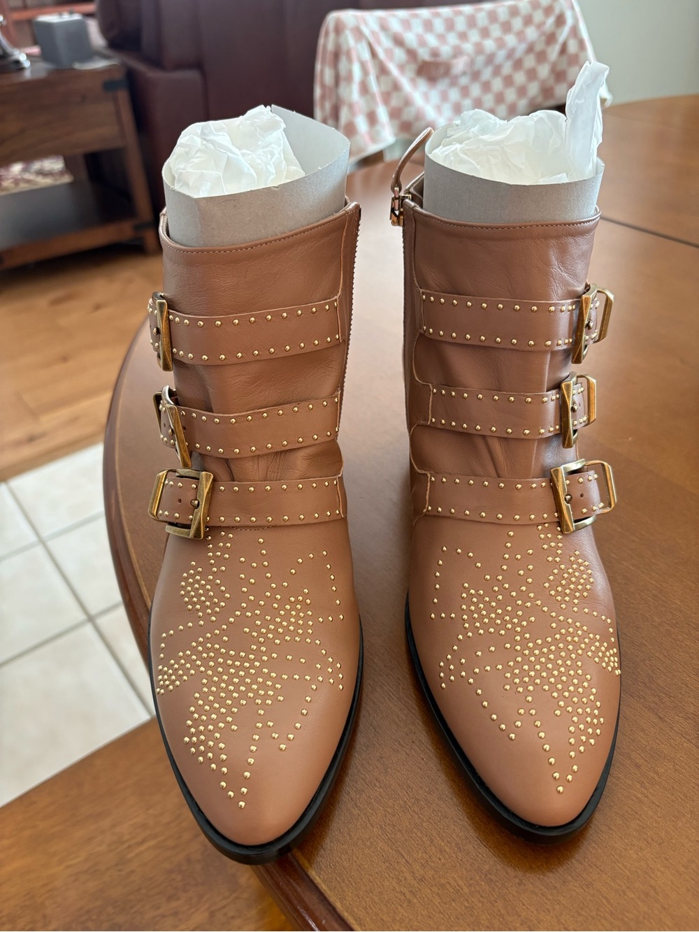 Chloe Susanna Boots -  Rosy Beige Leather Ankle Boots with Buckle Straps